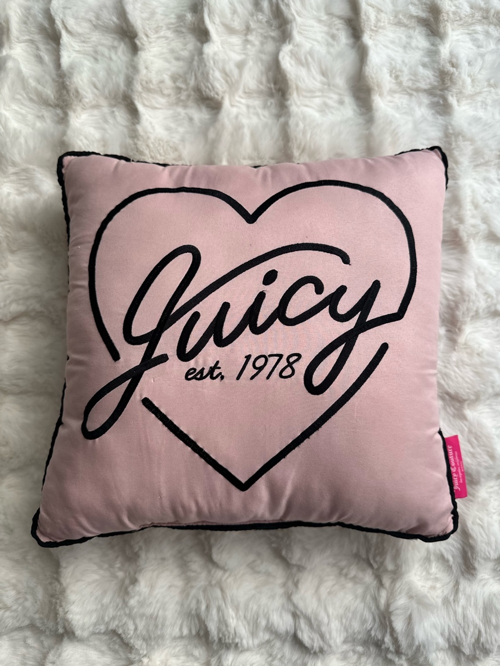 Juicy Couture Pink Pillow with Black Heart Script-Essential Stylish Home Accent